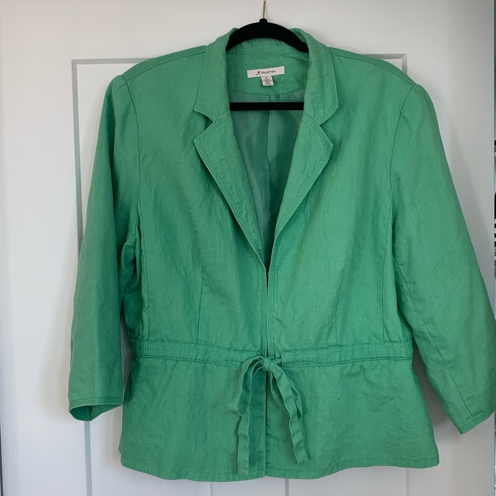 JM Collection green linen peplum blazer with tie